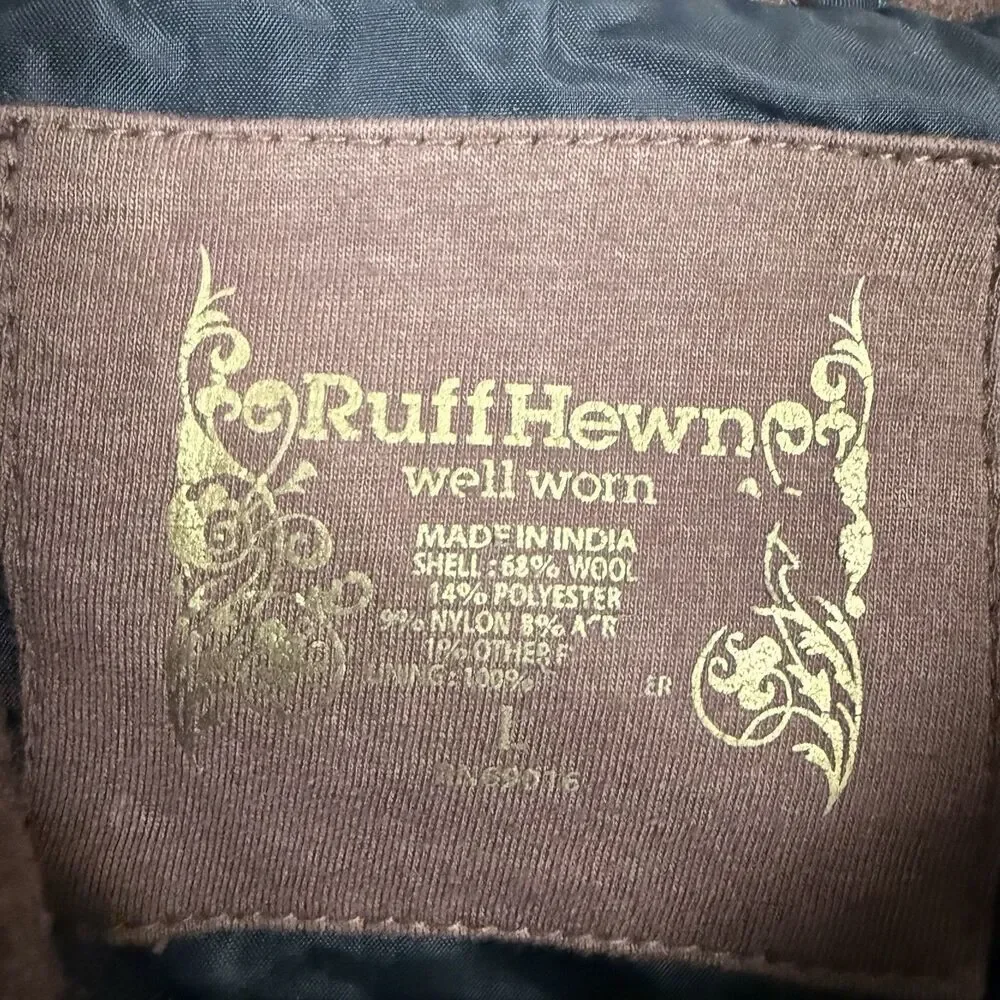 Ruff Hewn Full Zip Jacket Wool Blend Elbow Patch Womens L Brown Plaid Zip Pocket - Picture 8 of 13